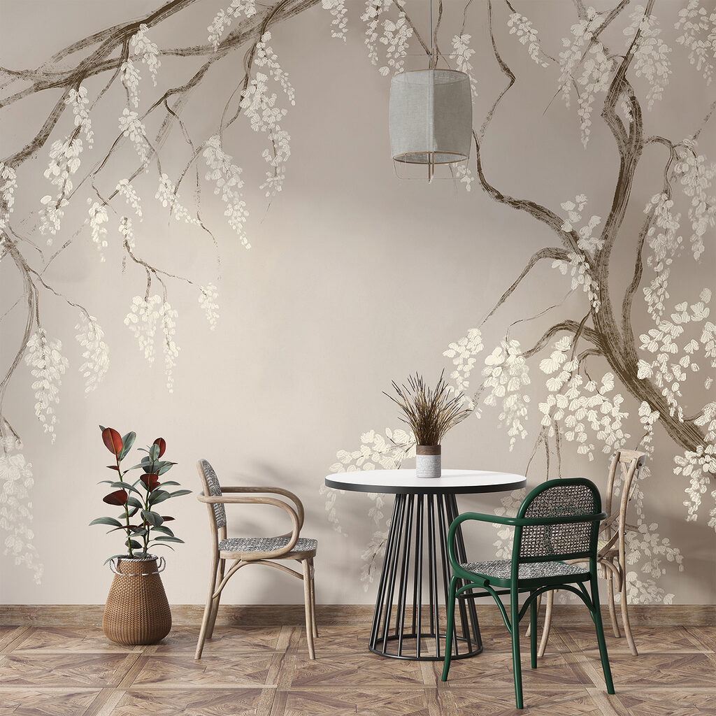 Hangende bloesem op taupe — interieur 5