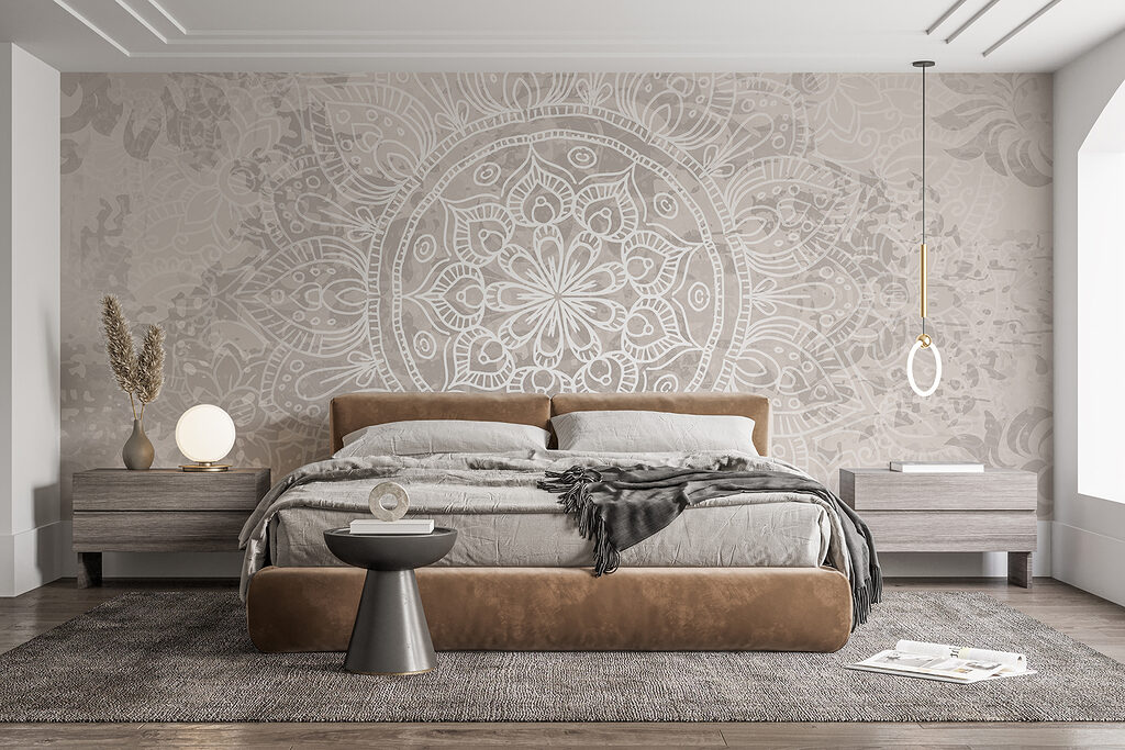 Witte en grijze mandala in een interieur
