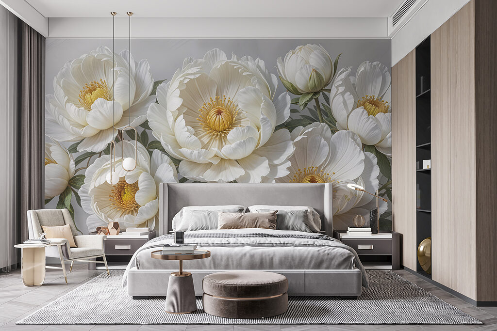 Groep witte bloemen in een interieur