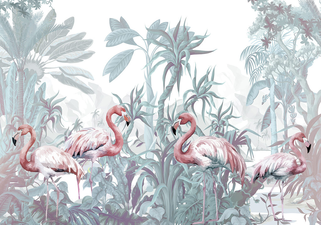 Groep flamingo's in een jungle — volledig ontwerp