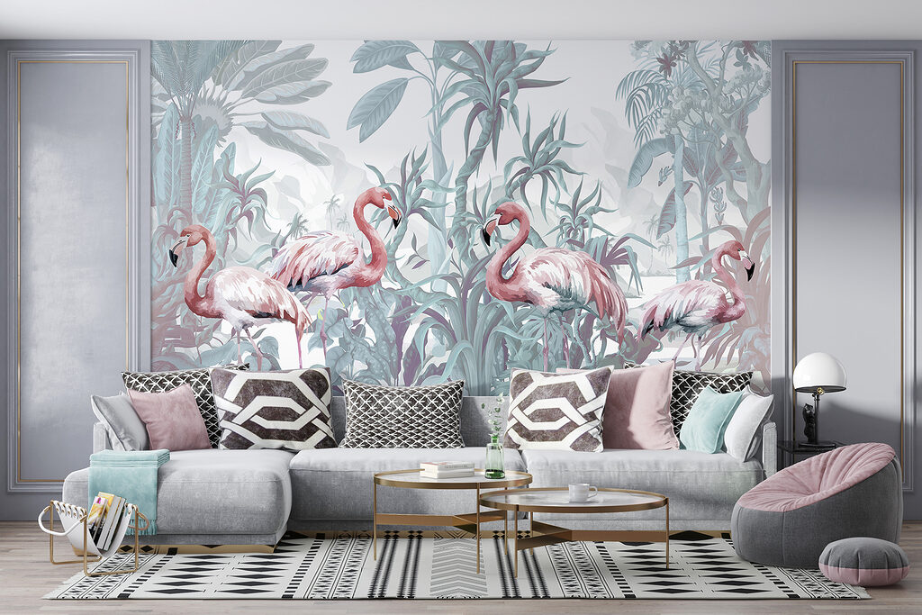 Groep flamingo's in een jungle in een interieur