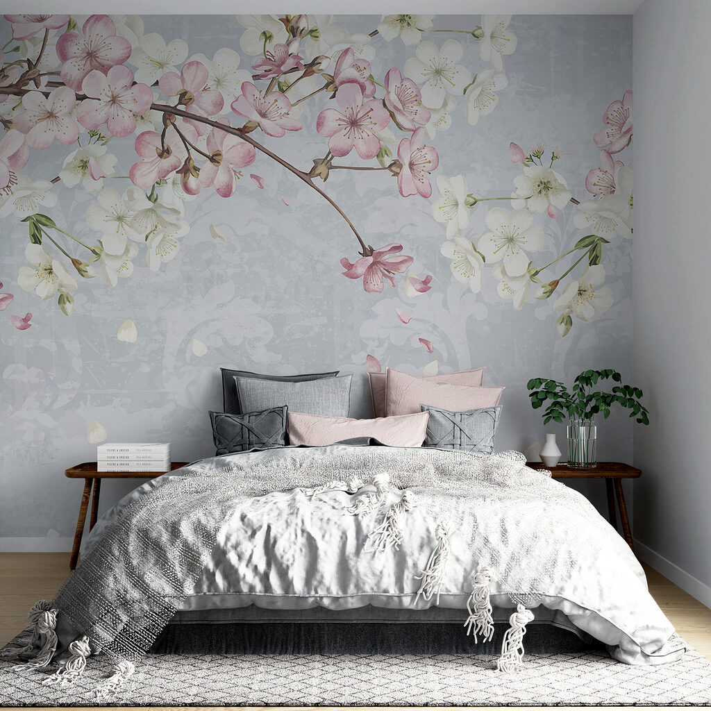 Roze bloesem boven lichtblauw — interieur 1