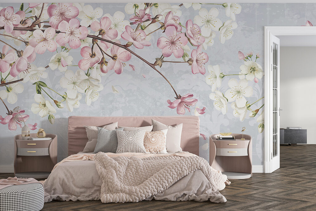 Roze bloesem boven lichtblauw — interieur 2