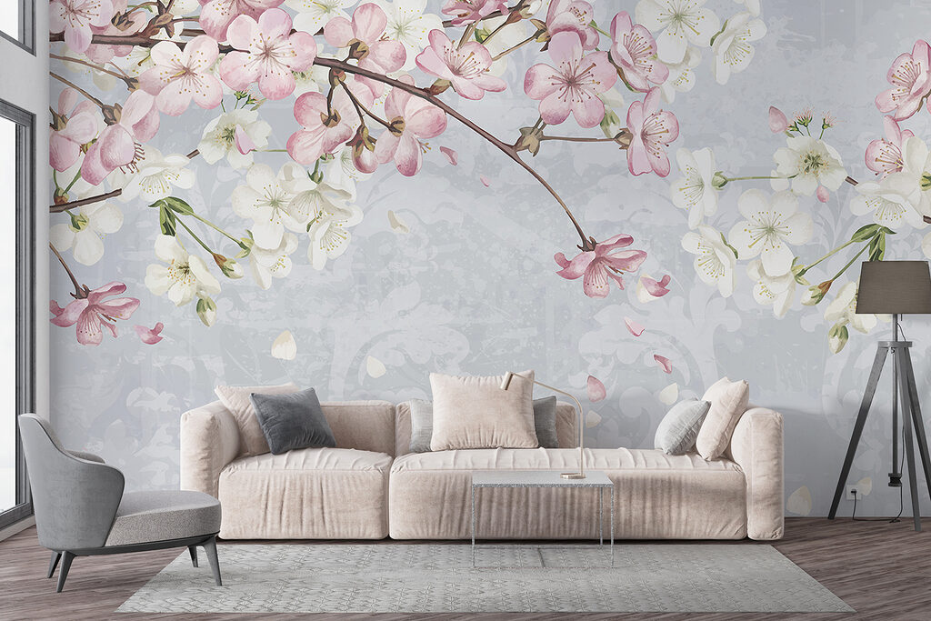 Roze bloesem boven lichtblauw — interieur 3