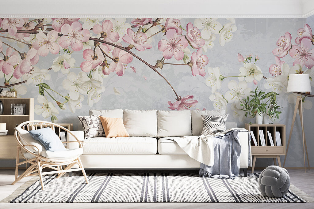 Roze bloesem boven lichtblauw — interieur 4