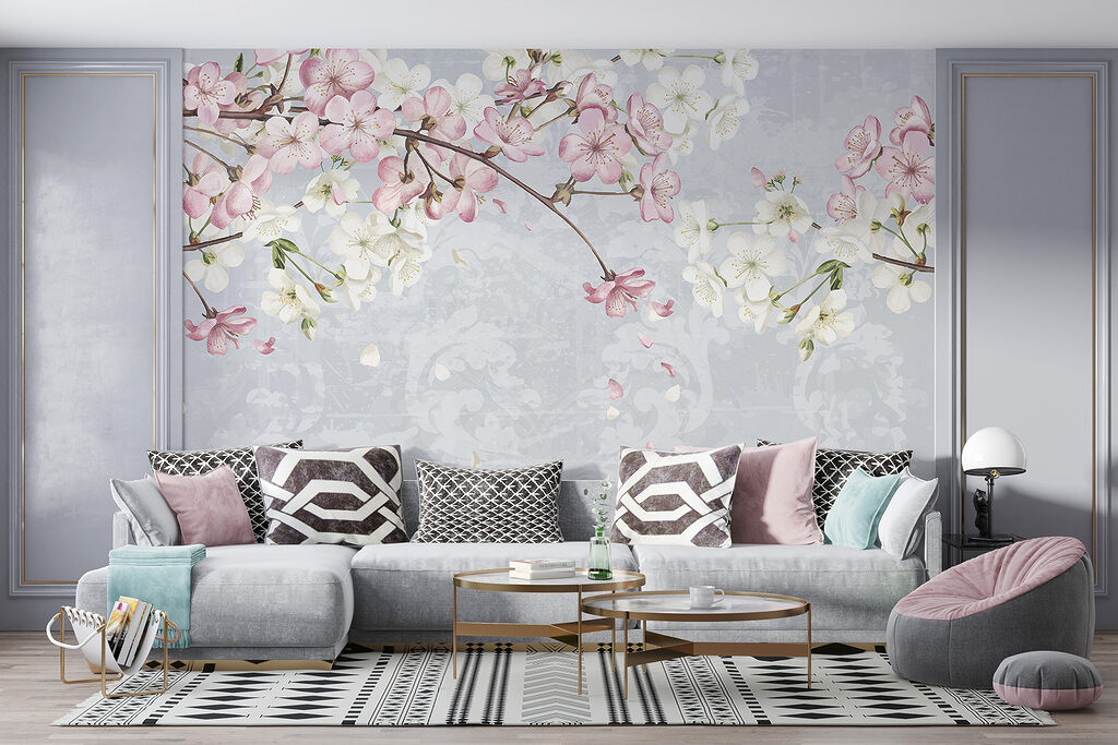 Roze bloesem boven lichtblauw — interieur 5