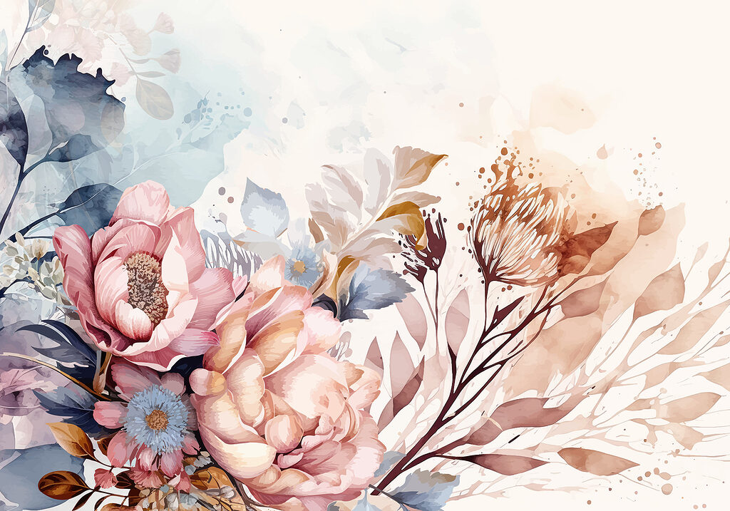 Roze bloemen in verfnevel — volledig ontwerp