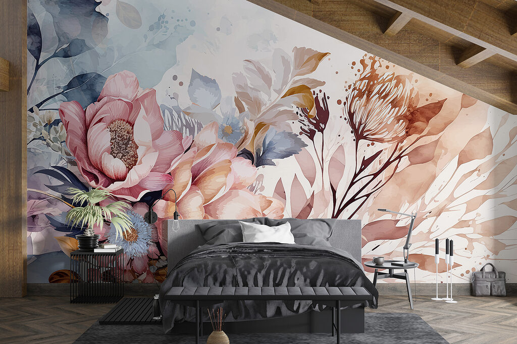 Schilderij van bloemen en bladeren in een interieur
