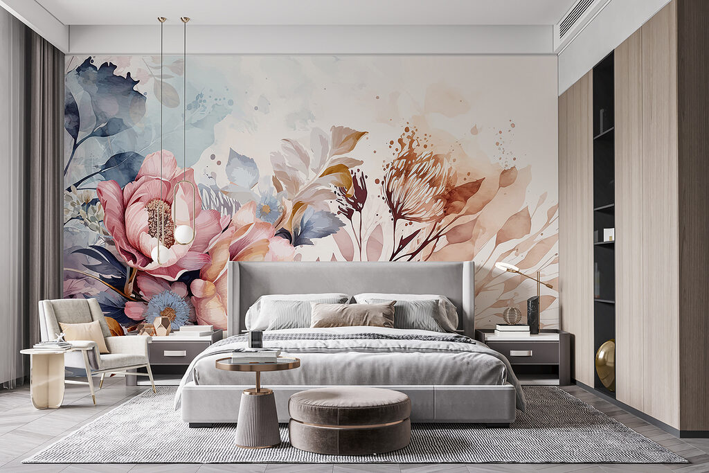 Roze bloemen in verfnevel — interieur 2