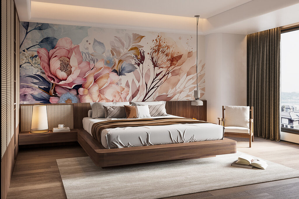 Roze bloemen in verfnevel — interieur 3