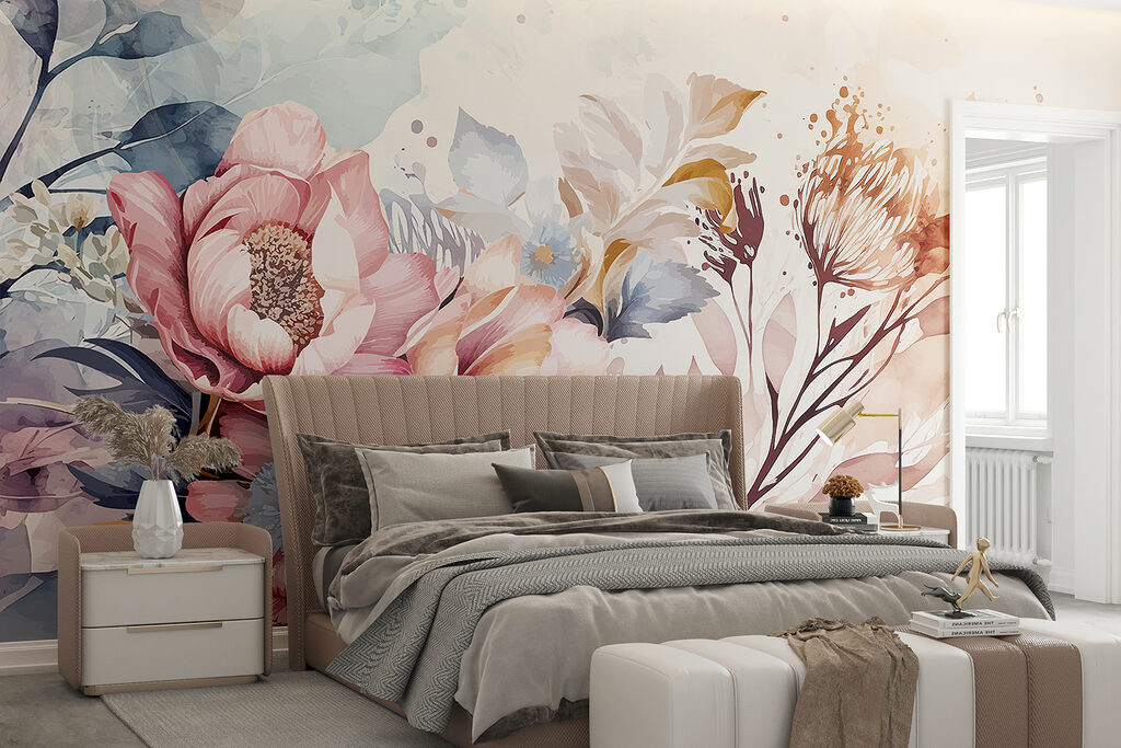 Roze bloemen in verfnevel — interieur 4