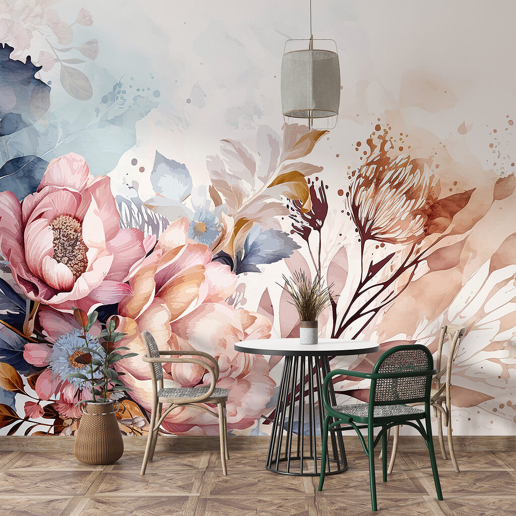 Roze bloemen in verfnevel — interieur 6