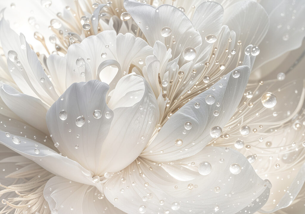 Witte bloem met glansdruppels — volledig ontwerp