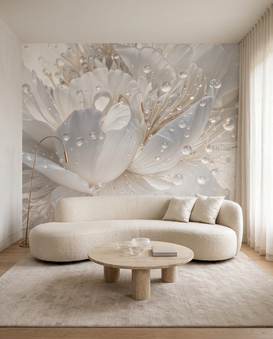 Witte bloem met glansdruppels in een interieur