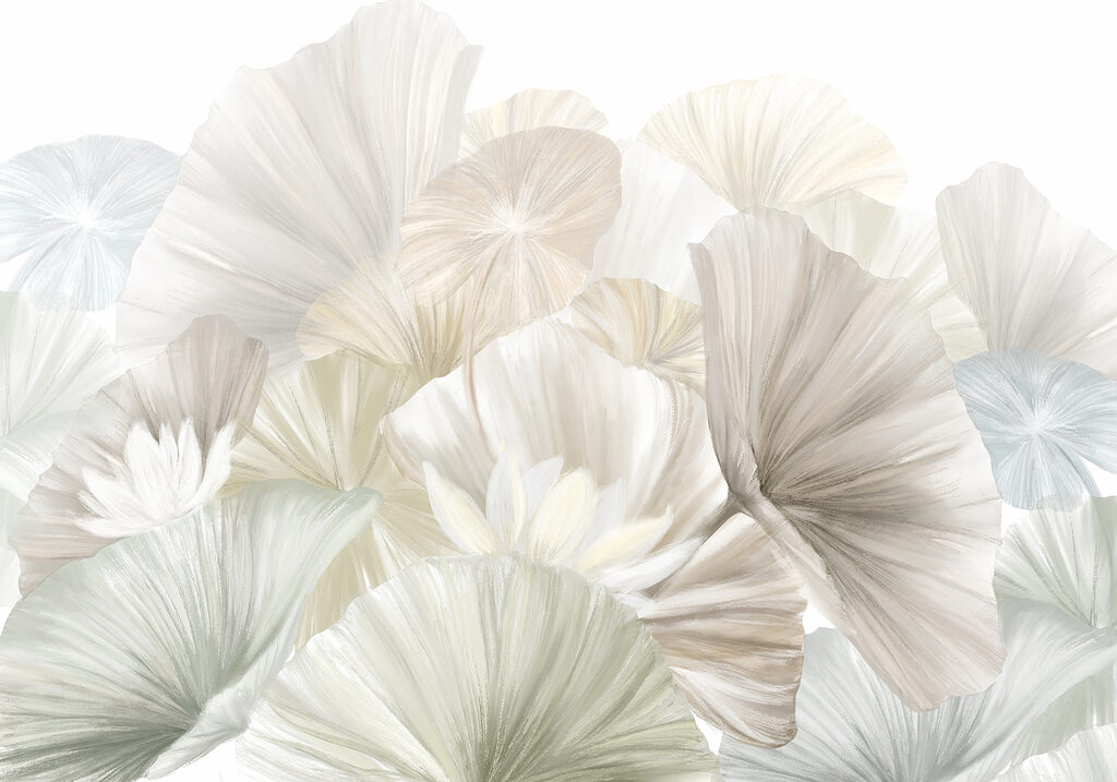 Witte ginkgowaaiers dicht opeen — volledig ontwerp
