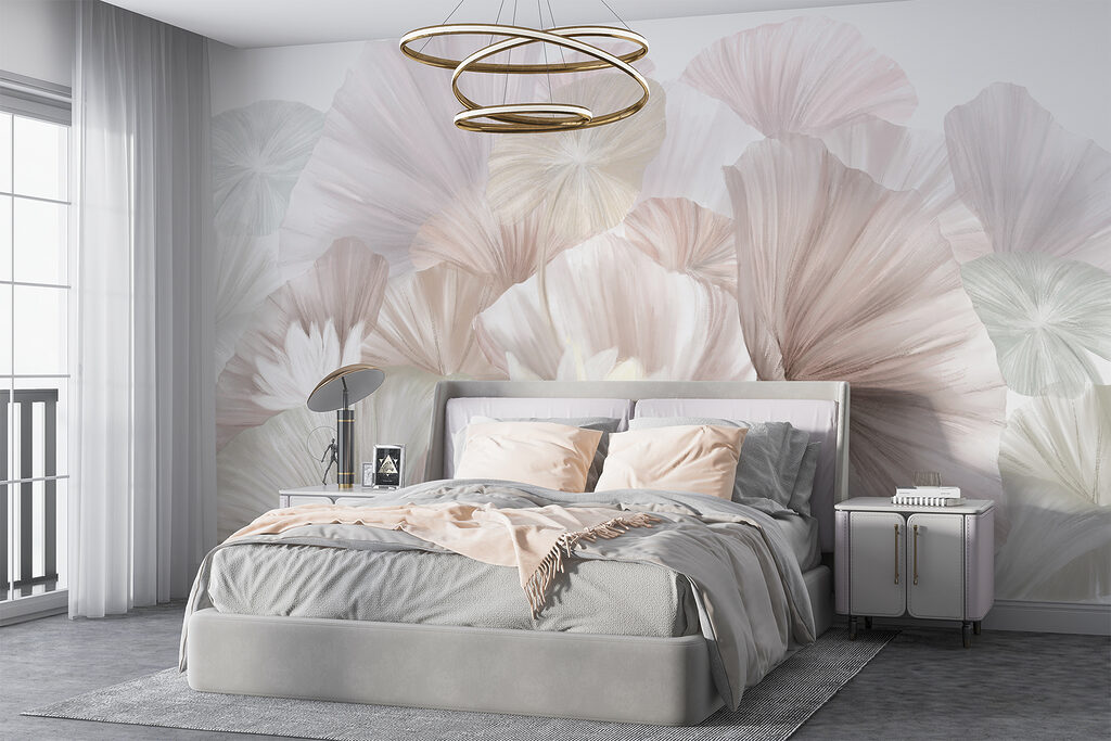 Groep witte en roze bloemen in een interieur