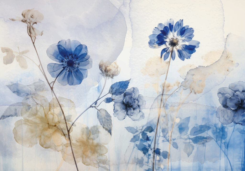 Blauwe en witte bloemen — volledig ontwerp