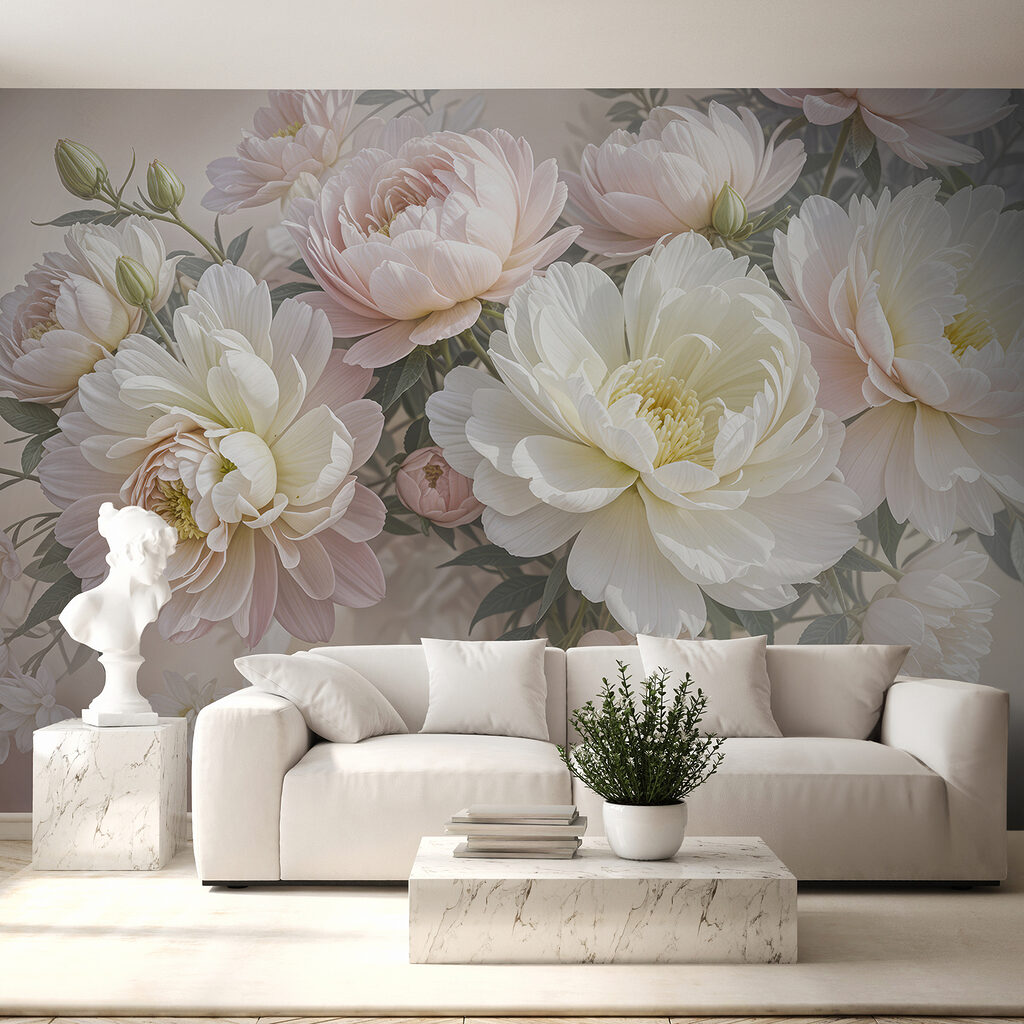 Groep witte en roze bloemen in een interieur