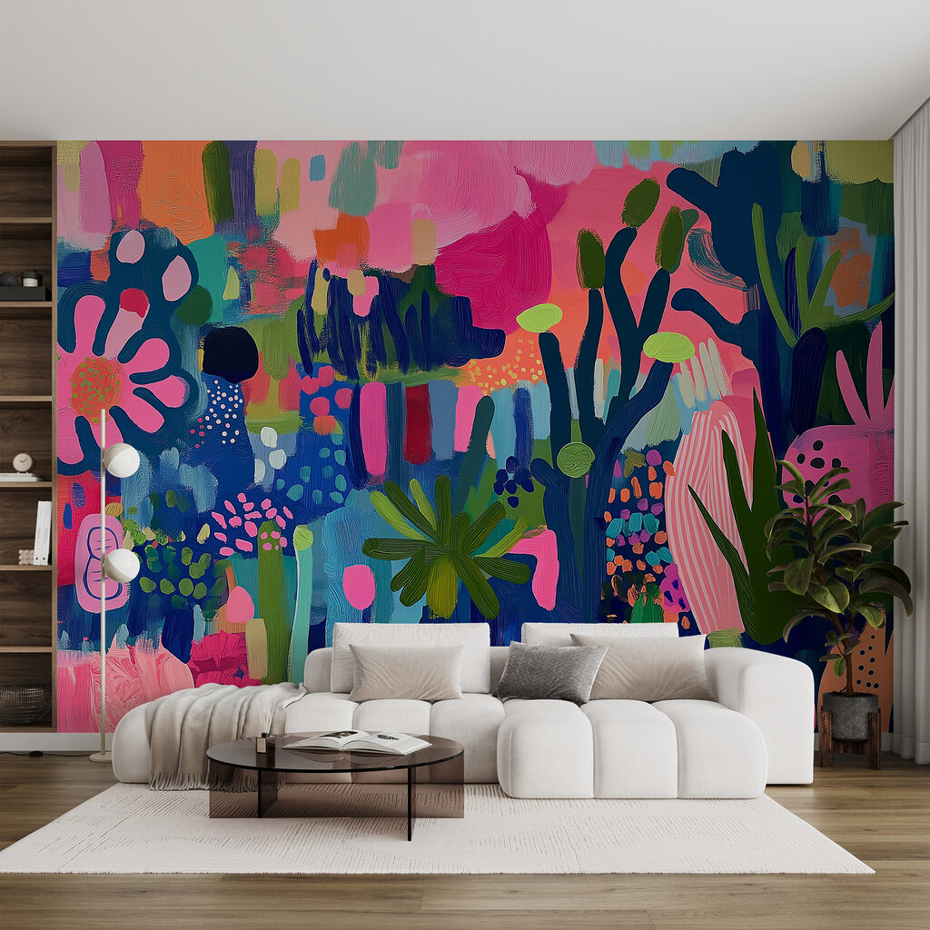 Kleurrijk schilderij van planten en bloemen in een interieur