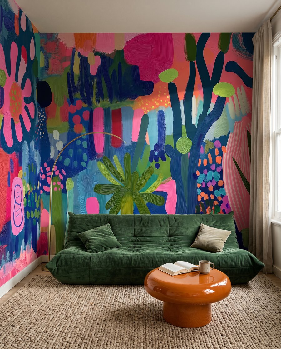 Bloemvormen in felle kleuren in een interieur