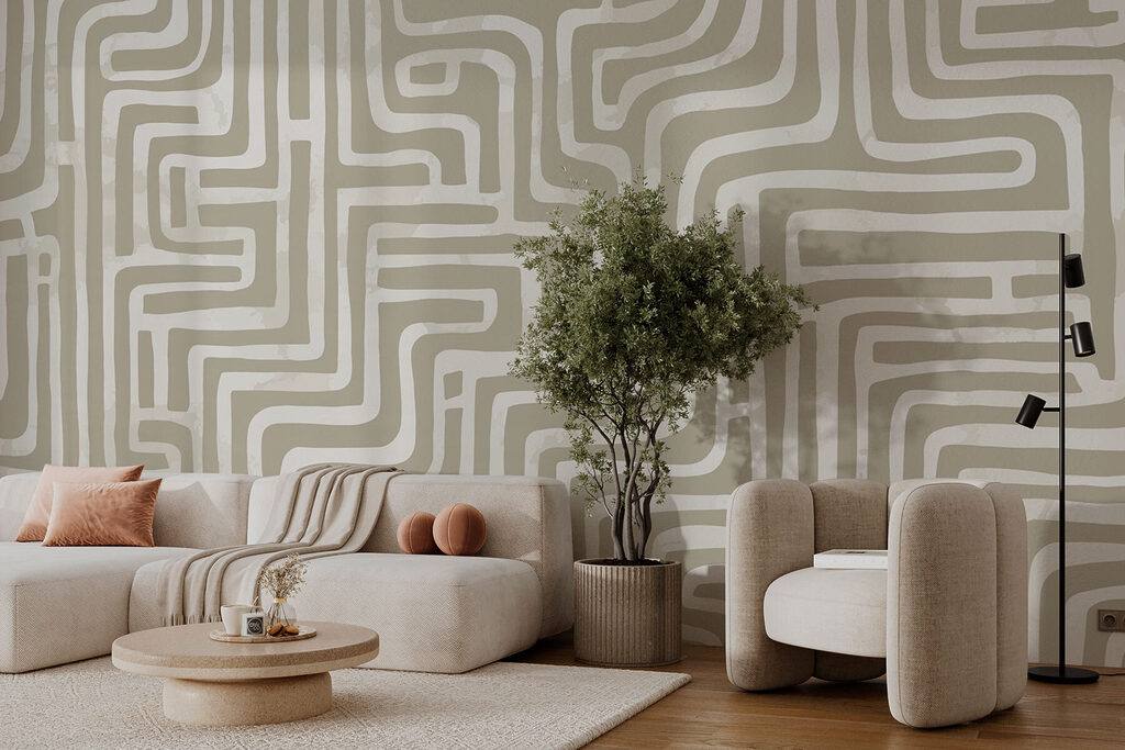 Witte bochtlijnen op olijfgroen — interieur 1