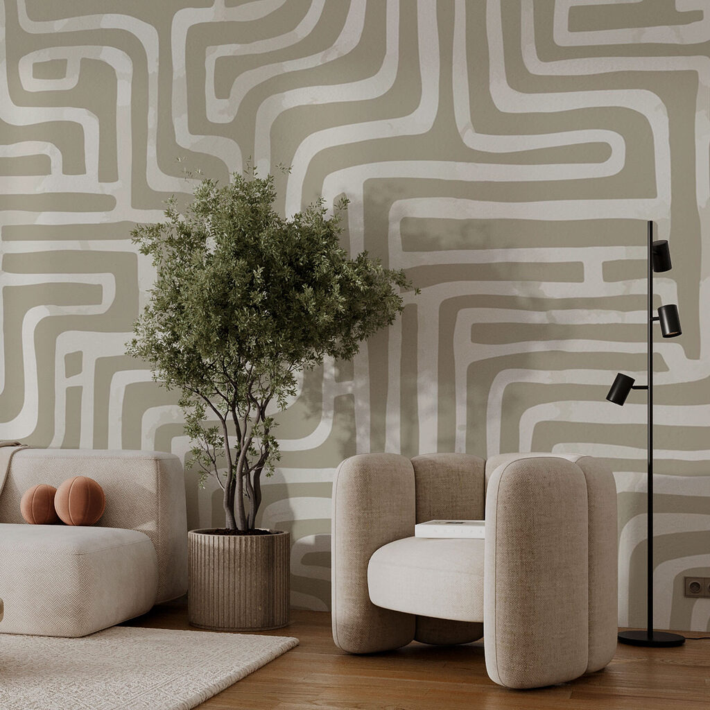 Witte bochtlijnen op olijfgroen — interieur 2