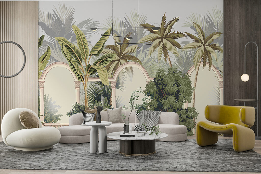 Palmen tussen hoge tuinbogen — interieur 1