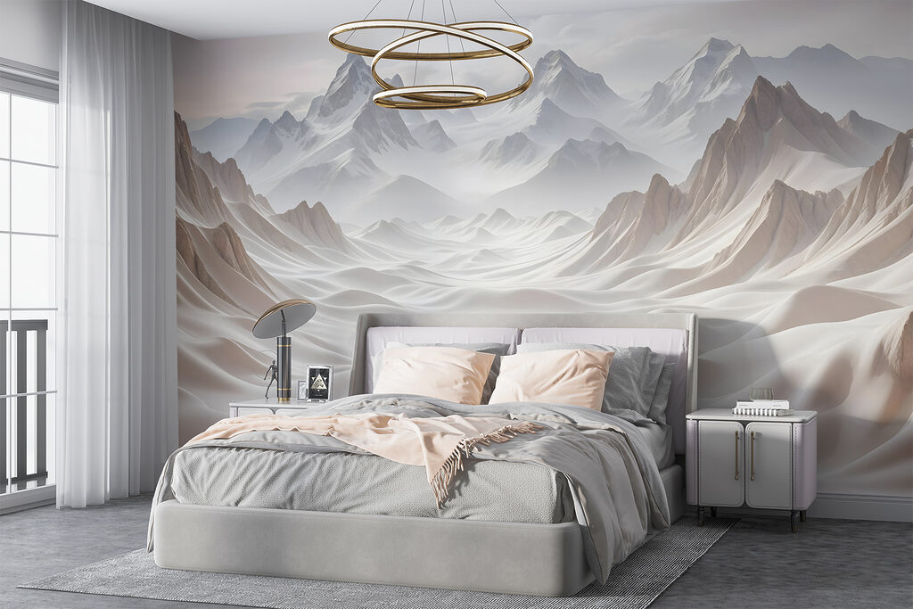 Besneeuwde bergen met wolken in een interieur