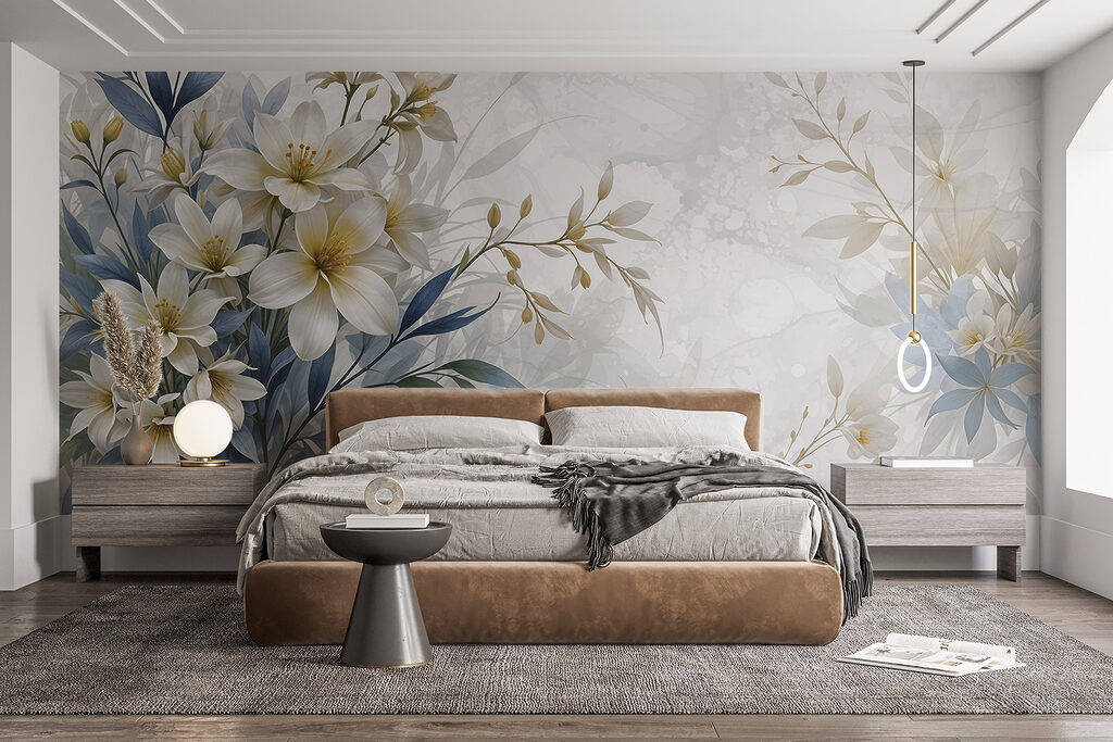 Witte bloemen, blauwe bladeren — interieur 1