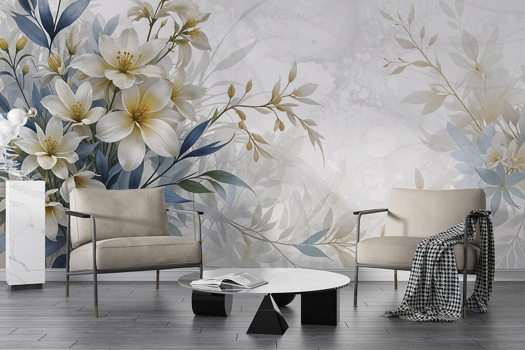 Witte bloemen, blauwe bladeren — interieur 6