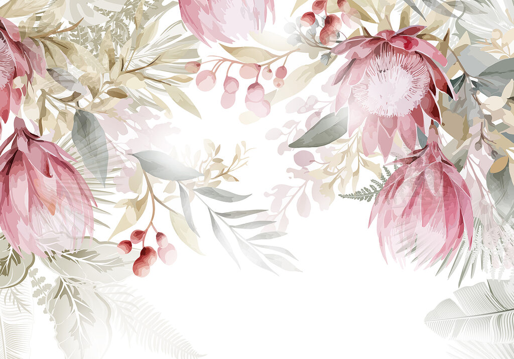 Roze bloemen hangen bovenaan — volledig ontwerp