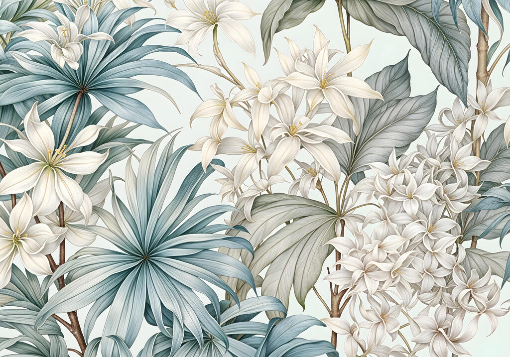 Witte bloemen tussen waaierbladeren — volledig ontwerp