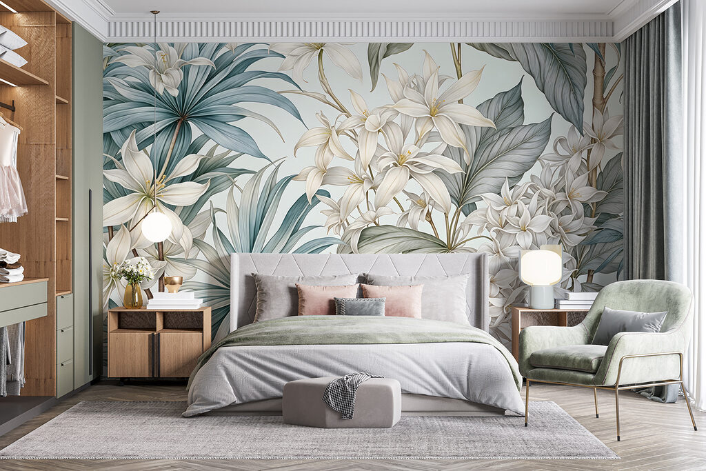 Witte bloemen tussen waaierbladeren — interieur 1