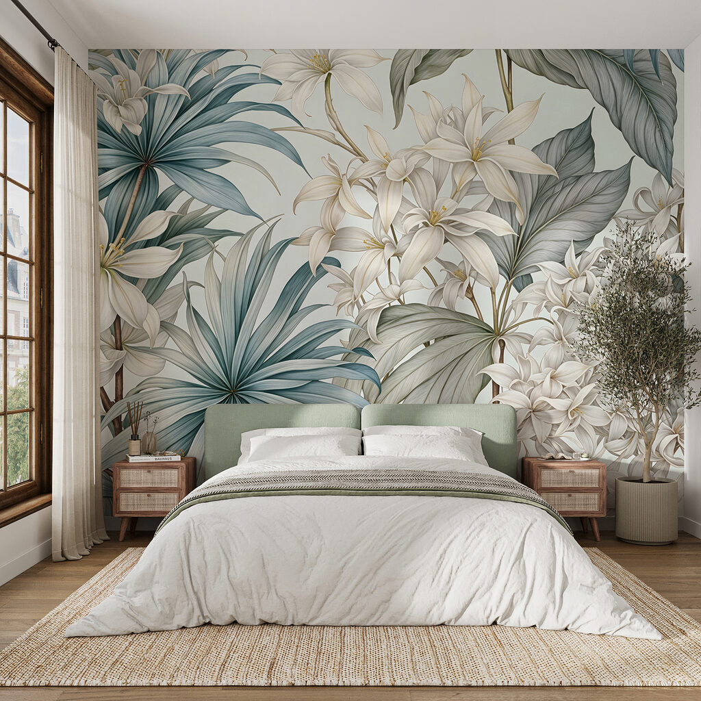 Witte bloemen tussen waaierbladeren — interieur 2
