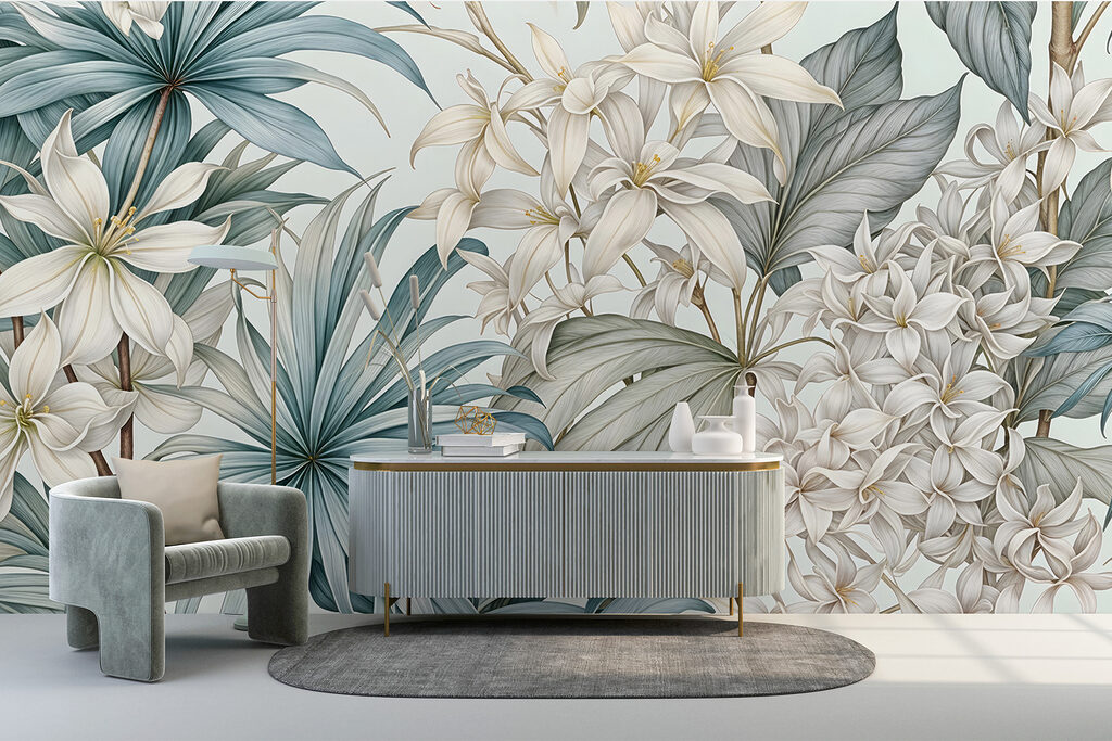 Witte bloemen tussen waaierbladeren — interieur 3