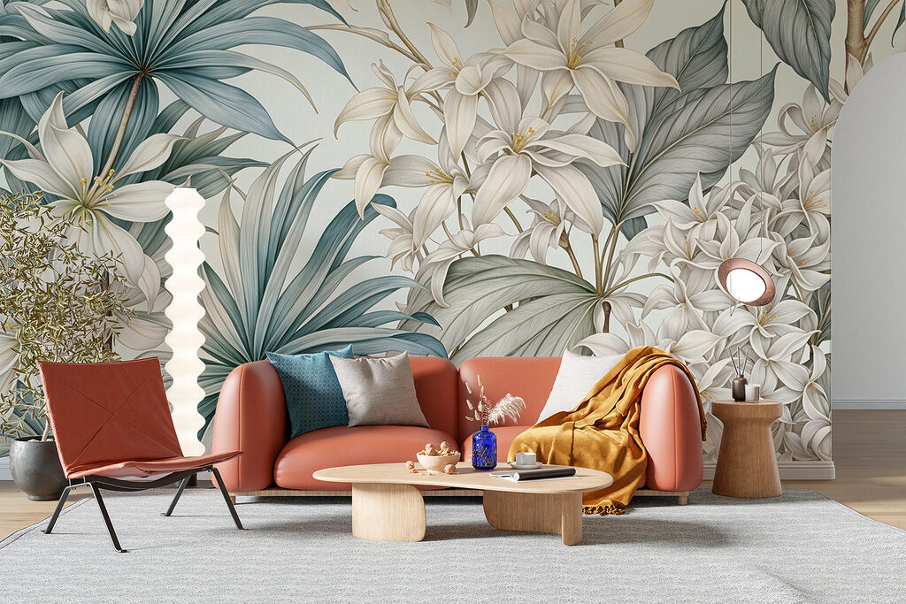 Witte bloemen tussen waaierbladeren — interieur 4