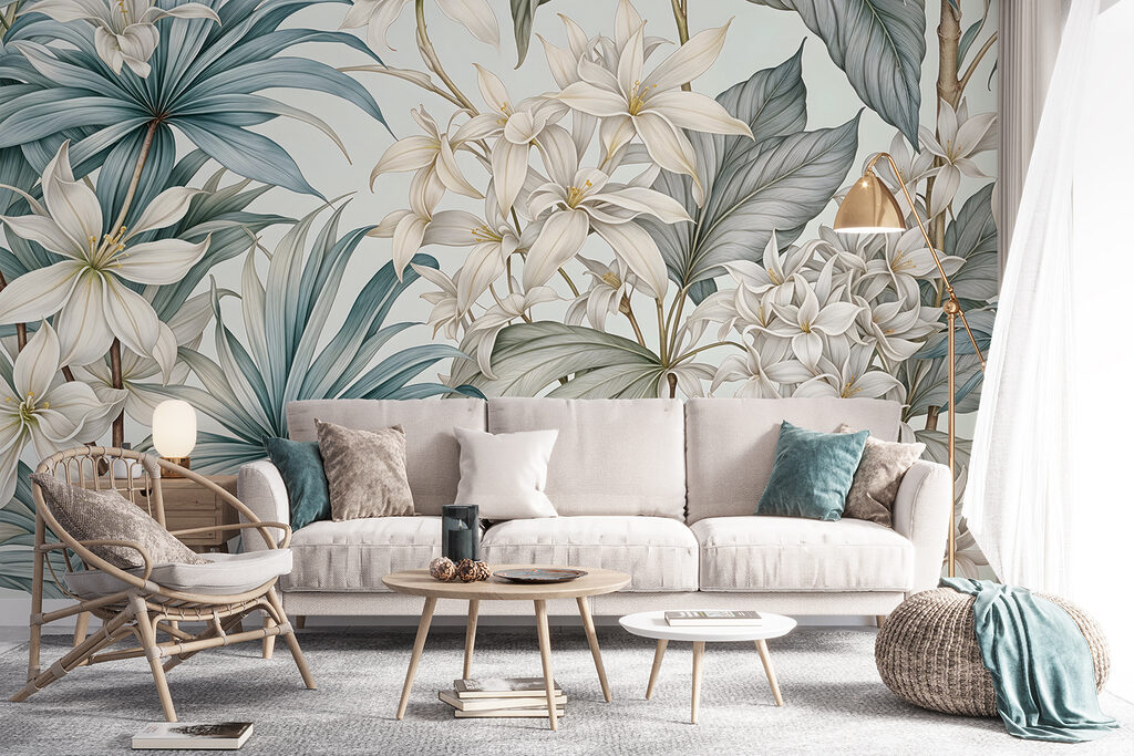 Witte bloemen tussen waaierbladeren — interieur 5