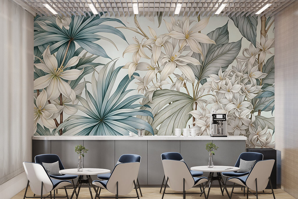 Witte bloemen tussen waaierbladeren — interieur 6
