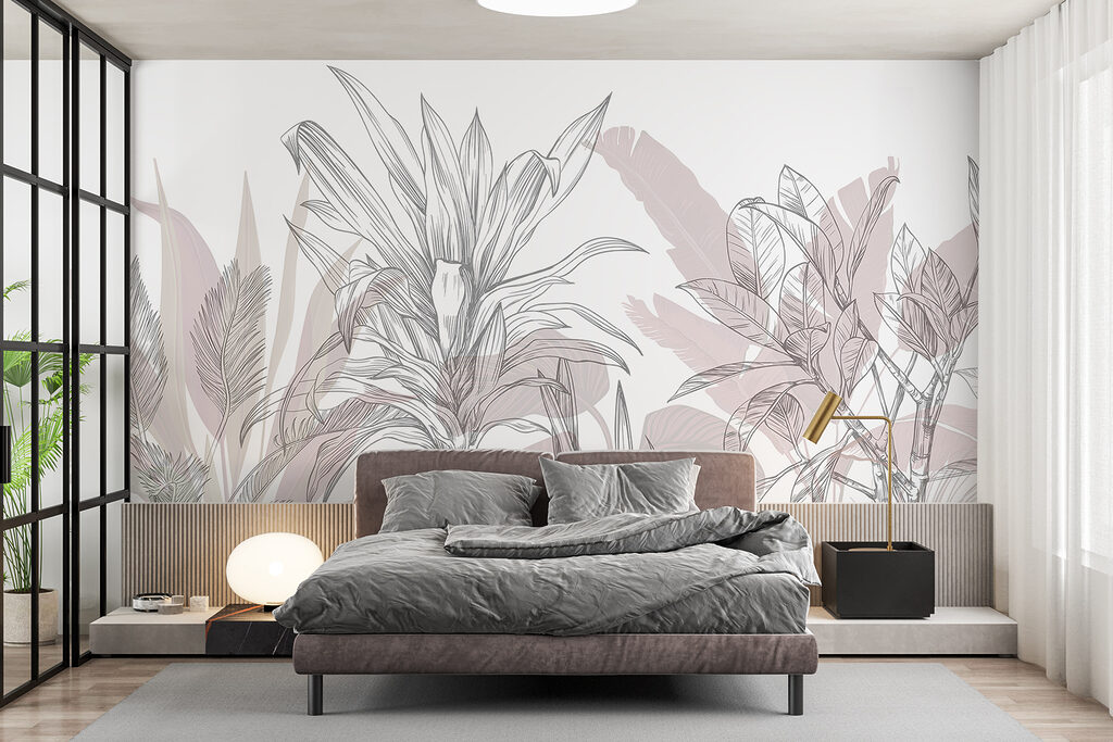 Verfijnd botanisch lijntekeningontwerp in een interieur