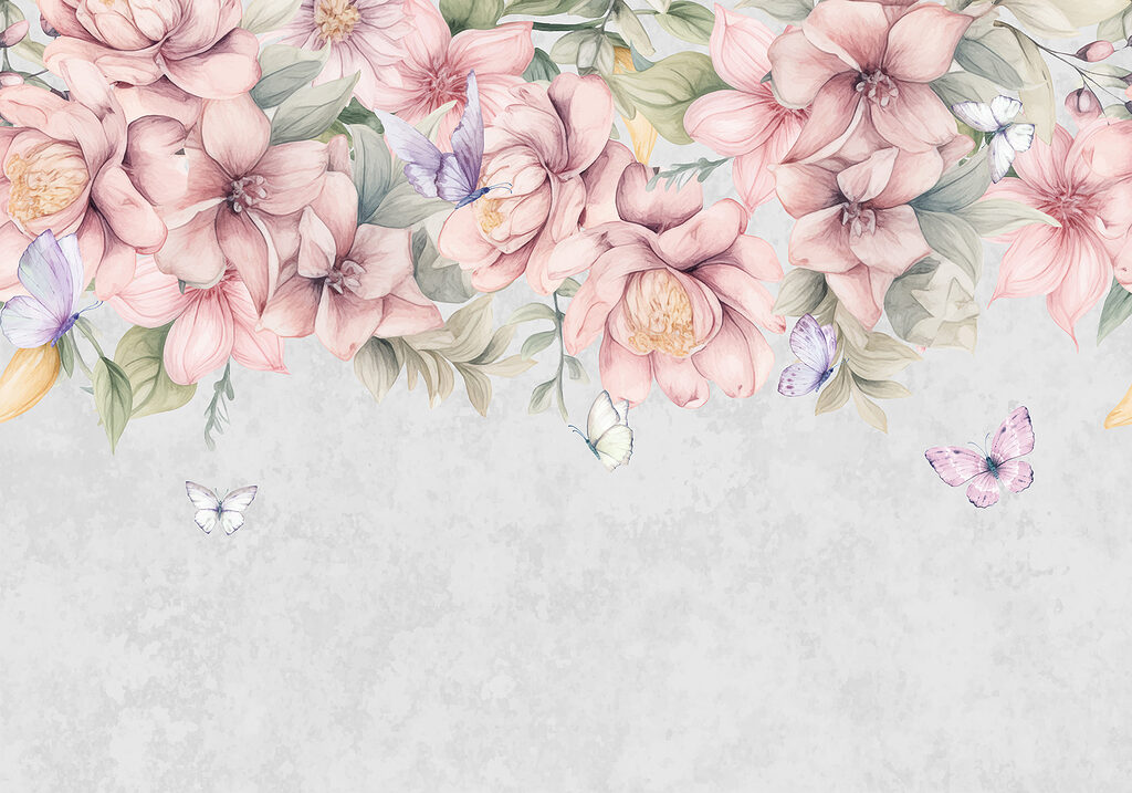Roze bloemen boven vlinders — volledig ontwerp