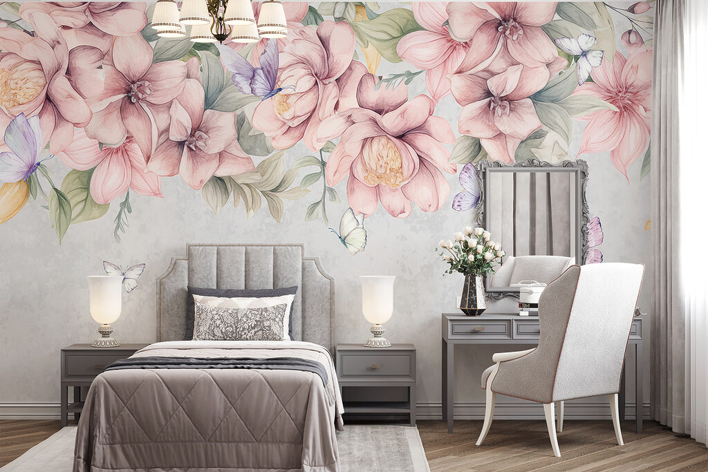 Roze bloemen boven vlinders — interieur 2