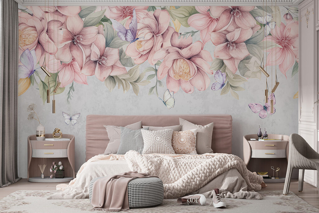 Roze bloemen boven vlinders — interieur 3