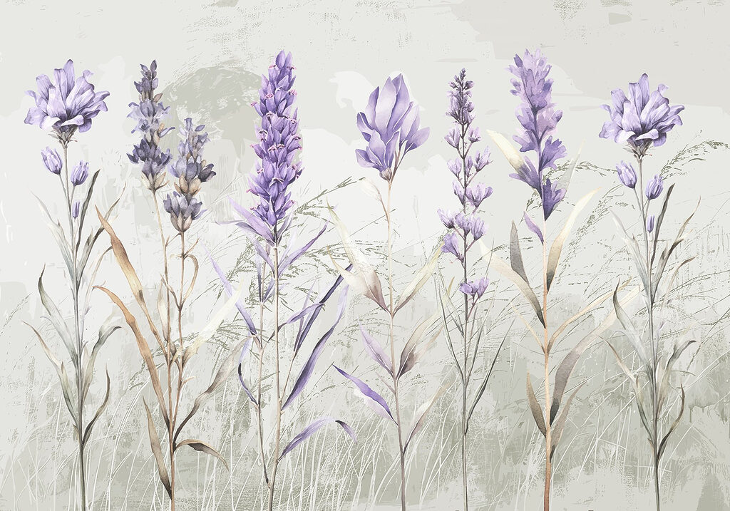 Paarse bloemen tussen grasschetsen — volledig ontwerp