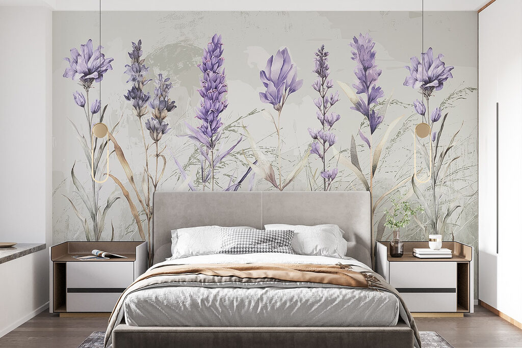 Paarse bloemen tussen grasschetsen — interieur 1