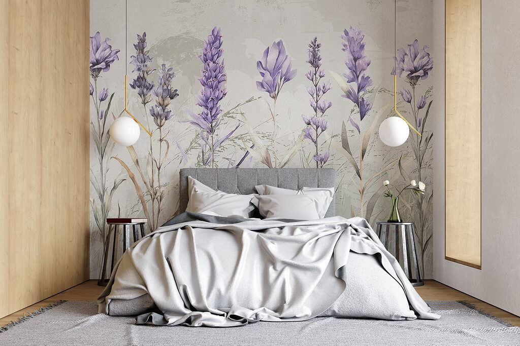 Paarse bloemen tussen grasschetsen — interieur 2