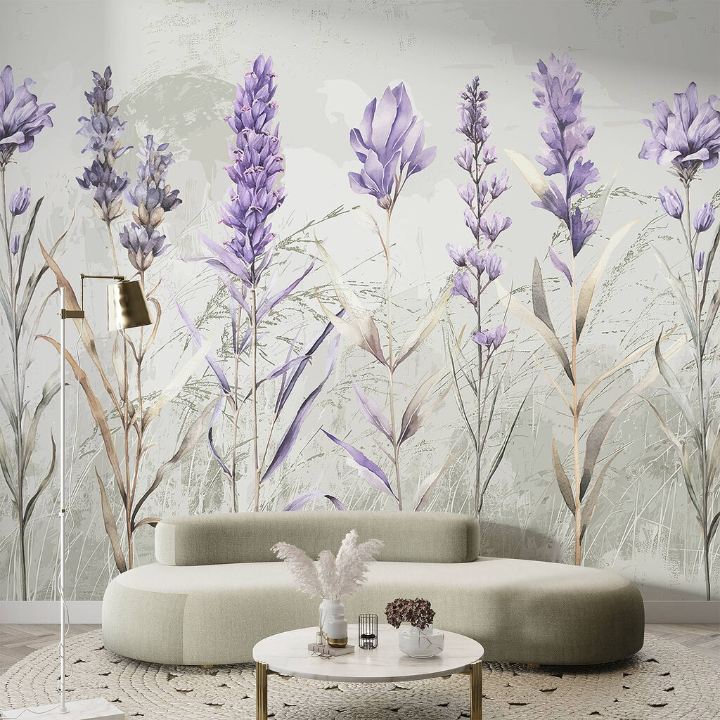 Paarse bloemen tussen grasschetsen — interieur 5