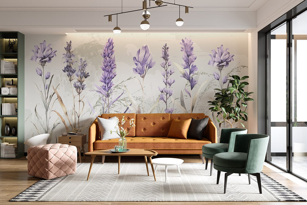 Paarse bloemen tussen grasschetsen — interieur 6