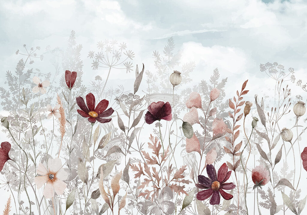 Bordeauxrode bloemen tussen bladeren — volledig ontwerp