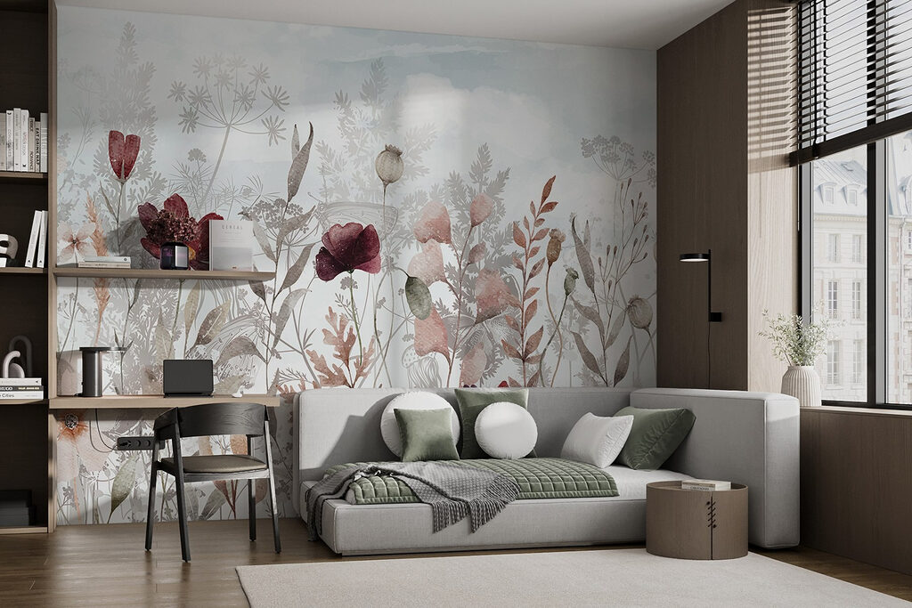 Bordeauxrode bloemen tussen bladeren — interieur 1