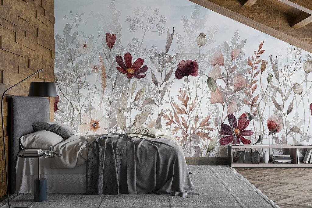 Bordeauxrode bloemen tussen bladeren — interieur 2